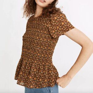 NWT Madewell Georgette Lucie Flutter-Sleeve Smocked Peplum Top, Sz XS